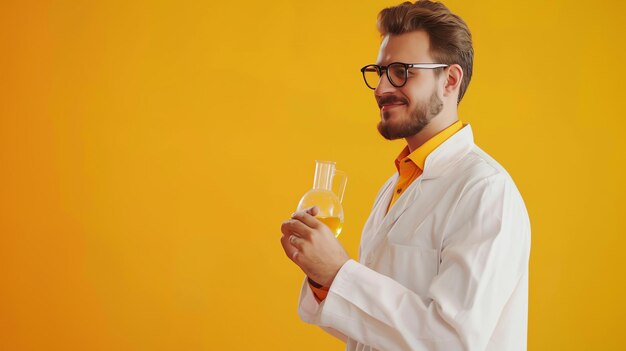 Foto cientista masculino alegre vestindo casaco branco e óculos segurando um frasco redondo de fundo com líquido amarelo olhando para ele e sorrindo