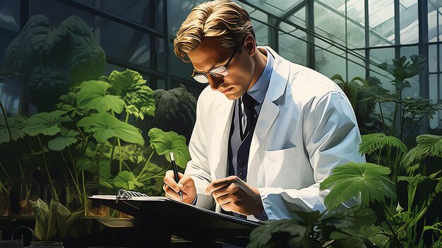 Cientista masculino escrevendo em clipboard enquanto examina plantas em estufa