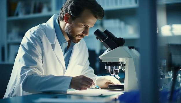 Cientista masculino sério olhando através do microscópio em laboratório