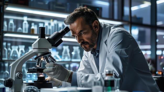 Cientista masculino vestindo uma bata de laboratório e luvas olha através de um microscópio em um laboratório moderno