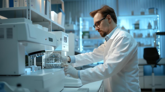 Foto cientista masculino vestindo uma bata de laboratório e óculos de segurança trabalha em um laboratório moderno