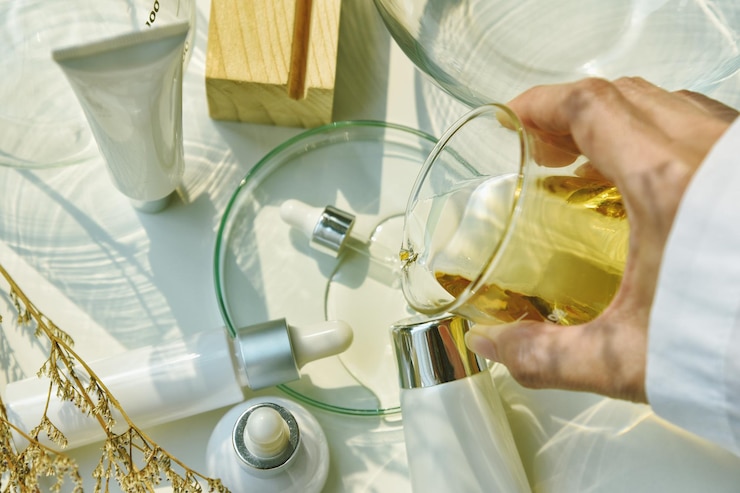 Cientista misturando produtos de beleza naturais para a pele Extração botânica orgânica e vidraria científica de laboratório Recipiente cosmético de etiqueta em branco para maquete de marca