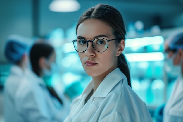 Cientista mulher liderando uma equipe de especialistas em um ambiente de laboratório