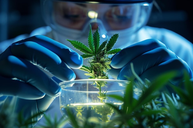 Cientista mulher pesquisando cannabis no laboratório com fundo de estilo bokeh