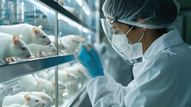 Cientista observando camundongos de laboratório Pesquisa e experimentação em ciências biomédicas