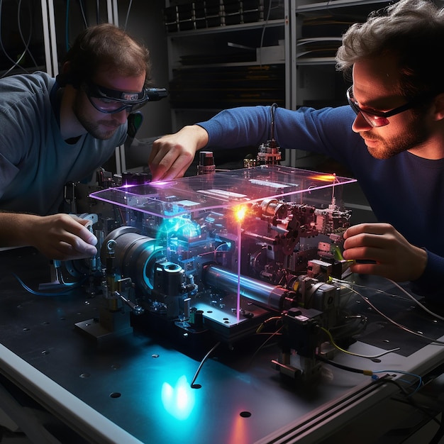 Cientista operando a câmara de deposição a laser em laboratório