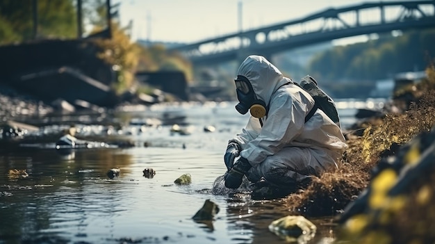 Foto cientista pesquisador de fato de proteção leva água para análise de rio poluído