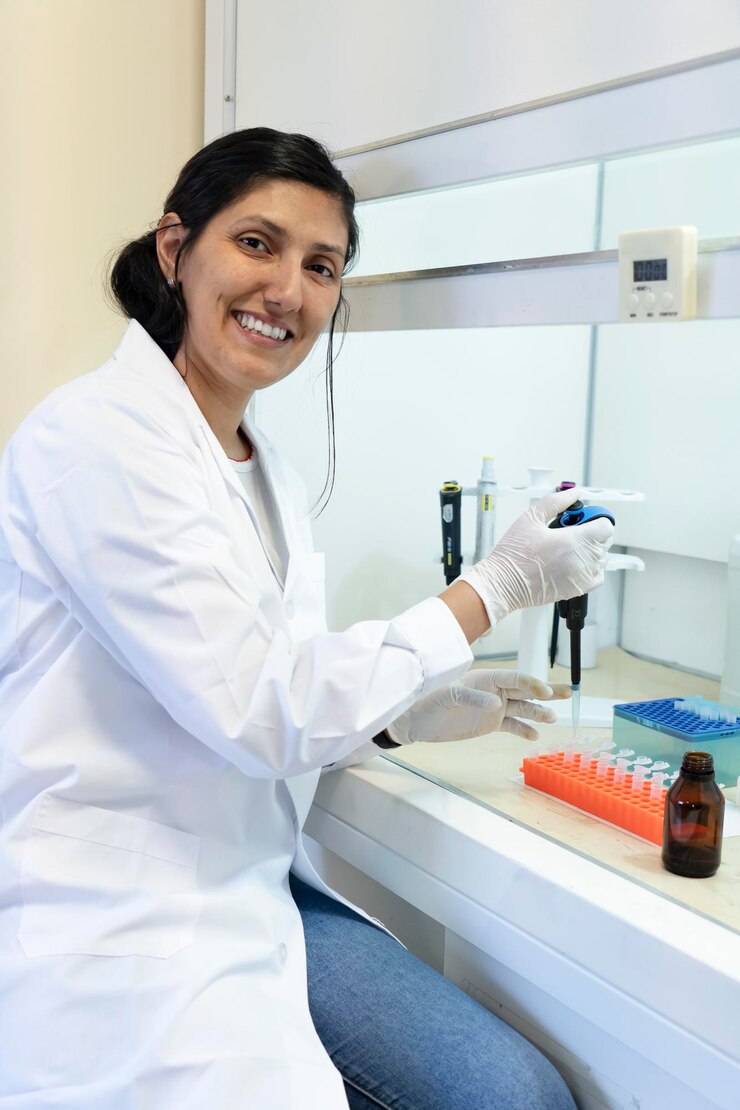 Foto cientista que trabalha em um armário de fumaça em pesquisa de laboratório