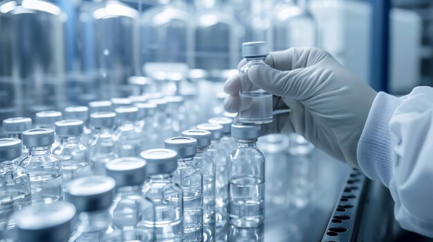 Cientista segurando frascos em conceito de pesquisa e desenvolvimento científico de laboratório químico