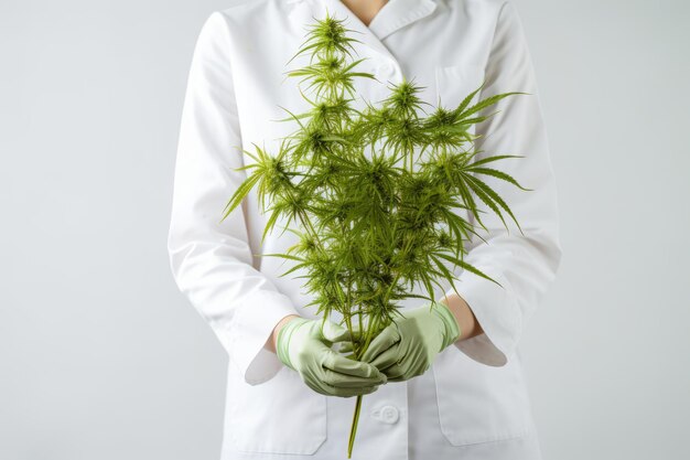 Cientista segurando planta de cannabis em fundo branco conceito de maconha médica