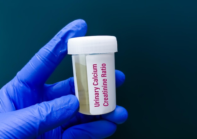 Cientista segurando recipiente de amostra com amostra de urina para teste de proporção de creatinina de cálcio urinário.