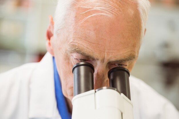 Foto cientista sênior trabalhando com microscópio