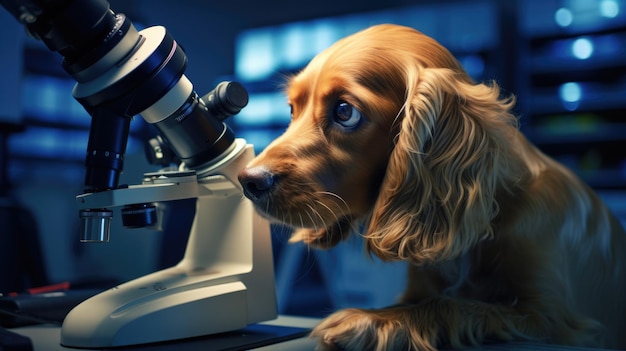 Cientista sério de cães em um laboratório com um microscópio