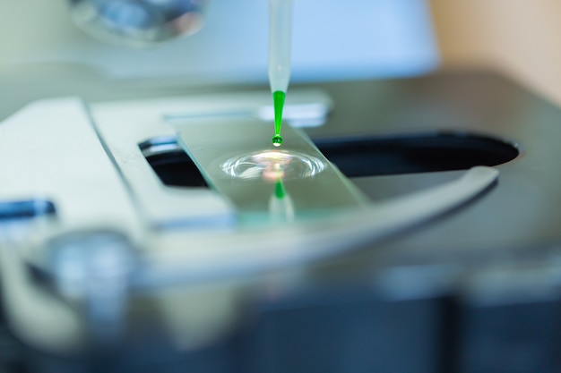 Cientista soltando líquido químico no slide no microscópio, ciência de conceito e tecnologia