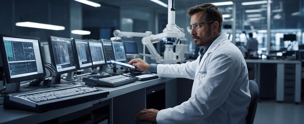 Cientista trabalhando com equipamentos de laboratório de alta tecnologia em um ambiente diário candido