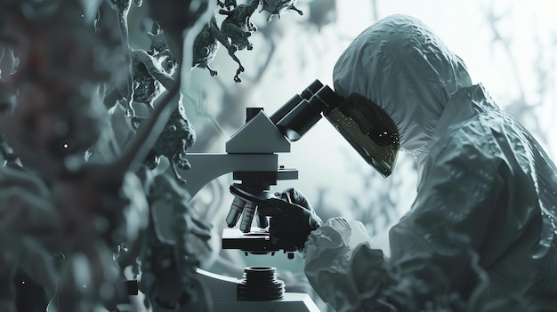 Foto cientista vestindo fato de proteção e máscara olhando através de um microscópio examinando uma amostra de vírus ou bactéria