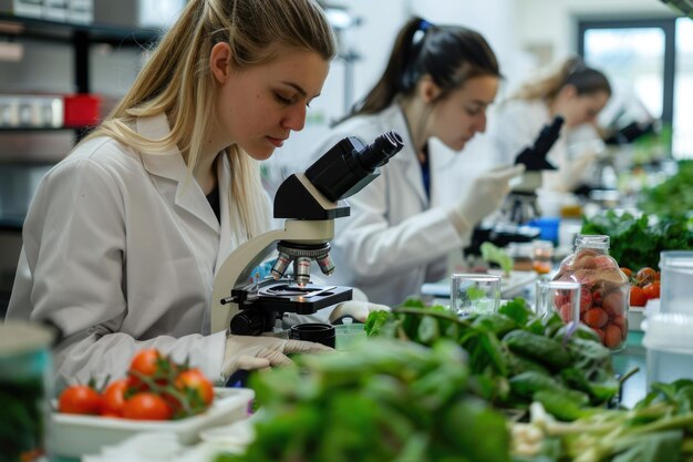 Foto cientistas de alimentos usando o microscópio para pesquisa na universidade