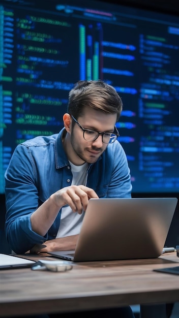 Cientistas de dados homem programador usando laptop análise e desenvolvimento de algoritmo