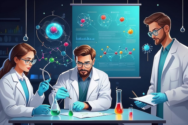 Cientistas de monitoramento de experiências químicas discutindo resultados de pesquisa Ilustração vetorial