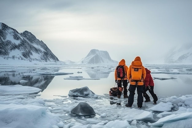 Foto cientistas e exploradores durante uma expedição ao ártico