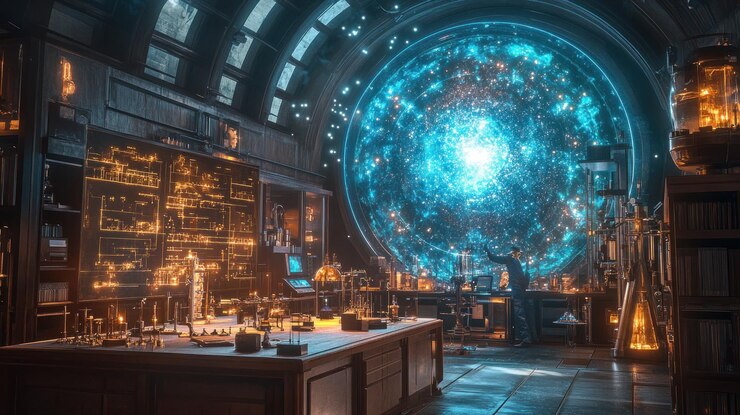 Foto cientistas estudam um portal de energia giratório em um laboratório futurista de steampunk