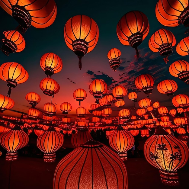 Cientos de linternas rojas brillantes se dirigen hacia el cielo al atardecer en las celebraciones del Año Nuevo Chino