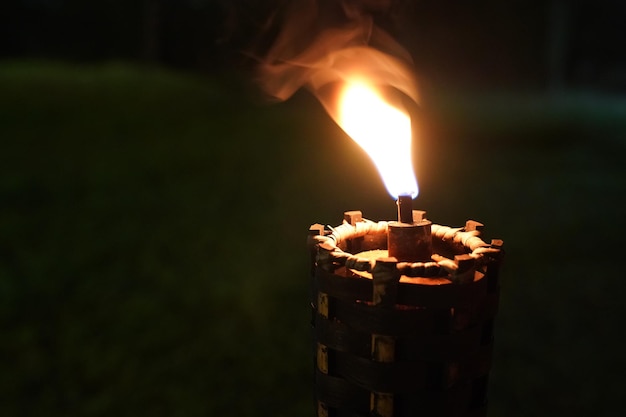 Cierra la antorcha y el fuego en el jardín nocturno.