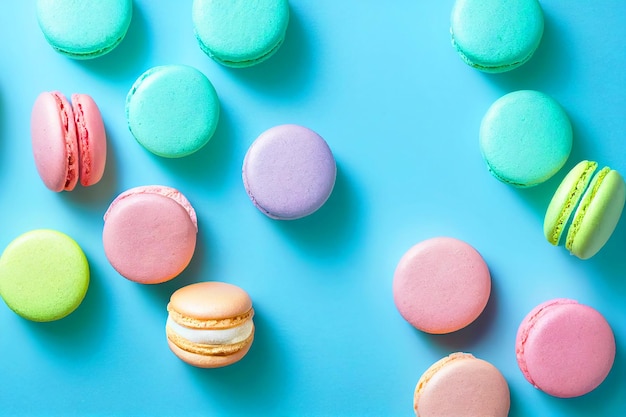 Cierra el colorido postre macarons con fondo pastel.