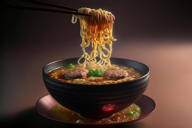 Cierra los fideos ramen en un bol que incluye bolas de carne de cerdo y sopa de miso con IA generativa