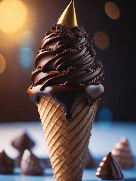 Cierra el helado de chocolate en un cono