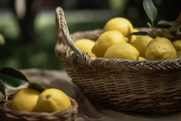 Cierra el limón orgánico saludable en el jardín Basket en la fotografía de alimentos de fondo