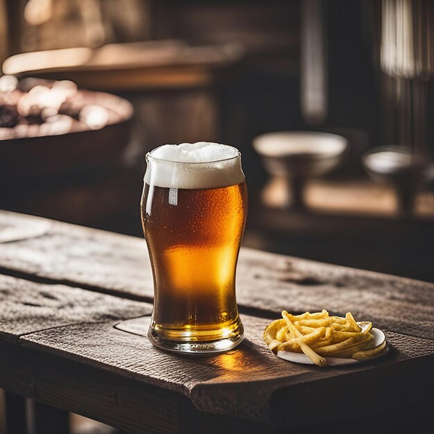 Cierra una pinta de cerveza en una mesa de madera vintage retro en un entorno rústico creado con tecnología de IA generativa