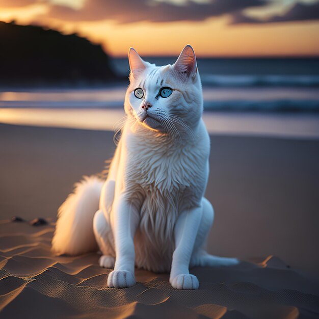 Cierra el retrato de un hermoso gato en la playa de la puesta de sol con el fondo del océano