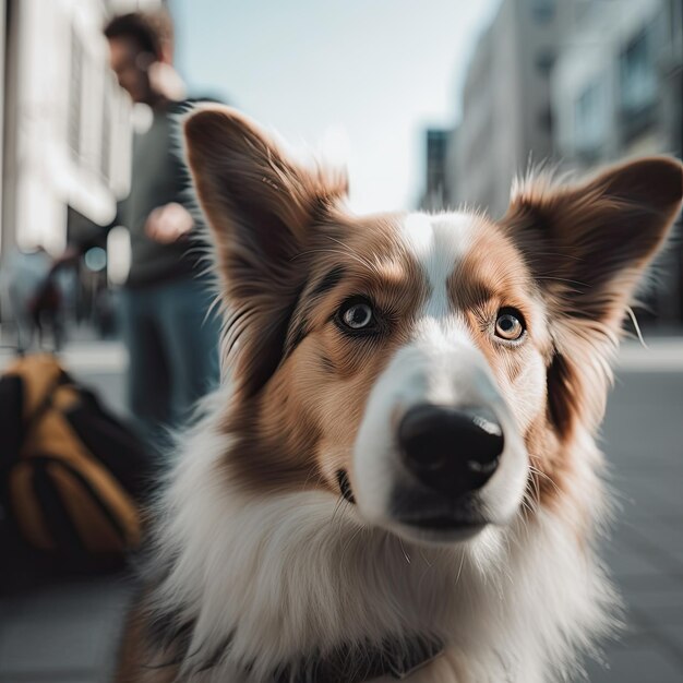 Cierra el retrato de un perro acostado con su dueño en una calle del centro de una gran ciudad En el fondo hay edificios y rascacielos visibles