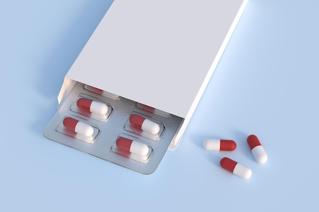 Cierre del blister del paquete con pastillas de medicamentos redondas representación 3d