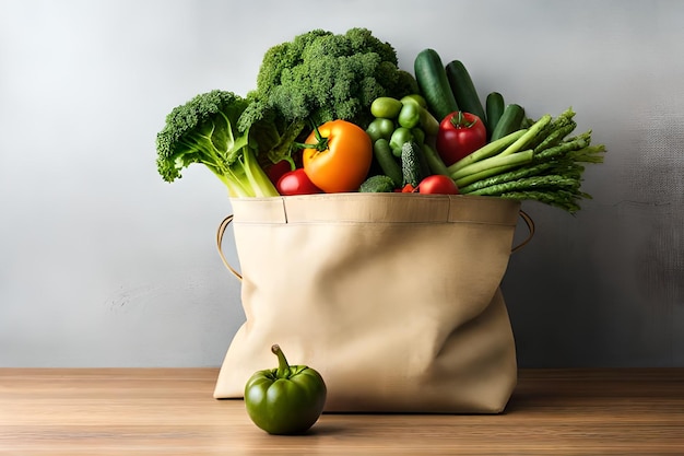 Foto cierre la bolsa de supermercado verde de vegetales verdes orgánicos mixtos en alimentos verdes orgánicos saludables blancos