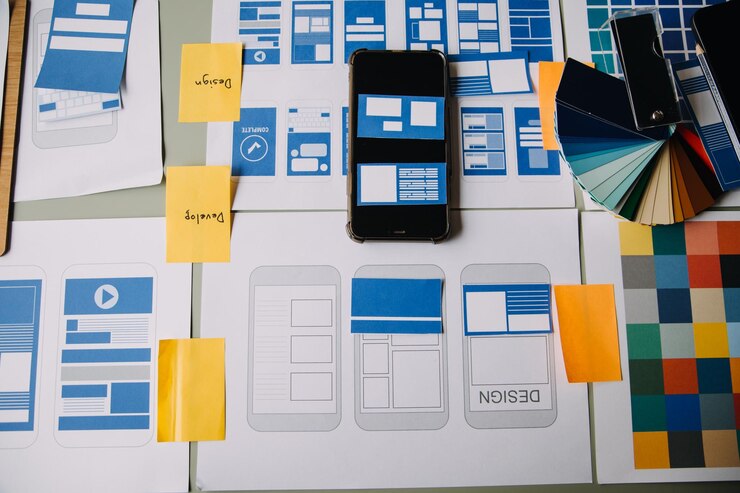Foto cierre el desarrollador de ux y el diseñador de ui intercambiando ideas sobre el diseño de estructura alámbrica de la interfaz de la aplicación móvil en la mesa con el resumen del cliente y el código de color en la oficina modernaagencia de desarrollo digital creativa