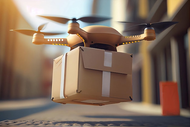 Cierre la entrega de drones UAV entregando un gran paquete postal marrón a la ciudad