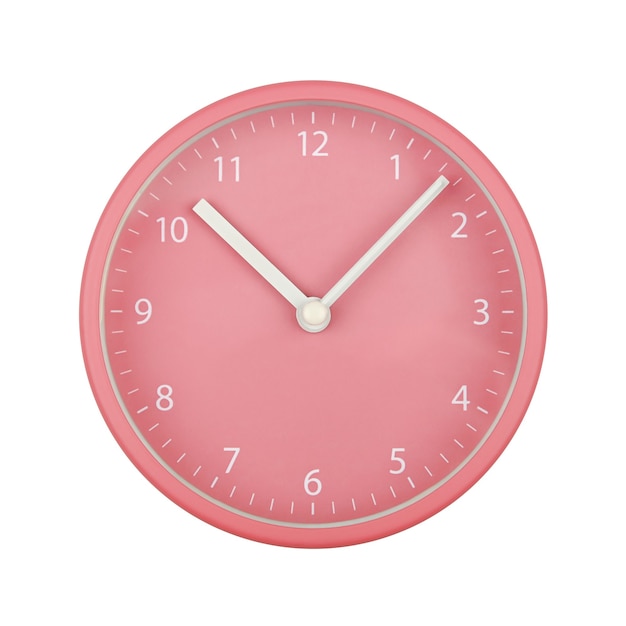 Cierre de esfera de reloj de pared de color rosa pastel con números arábigos, manecillas de hora y minutos aisladas sobre fondo blanco