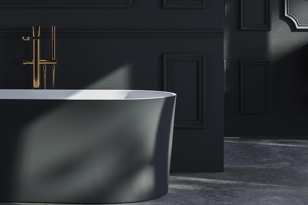 Cierre la hermosa bañera en blanco y negro con grifo dorado en el baño clásico. representación 3d