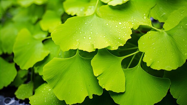 Cierre las hojas verdes brillantemente húmedas de Ginkgo Generate Ai