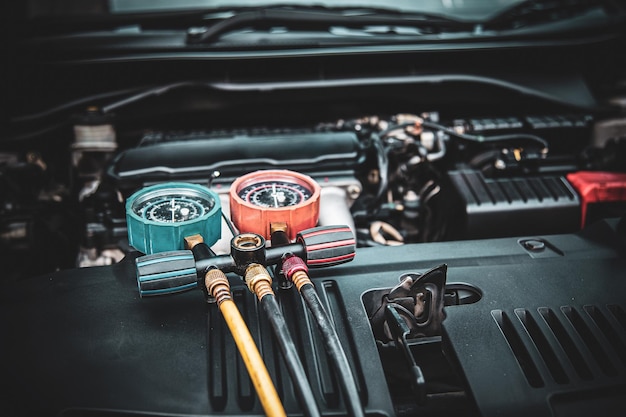 Cierre el indicador del colector de medición para que el mecánico verifique el refrigerante y llene el aire acondicionado del automóvil para repararlo y verificar el mantenimiento del servicio de reparación y el seguro del automóvil