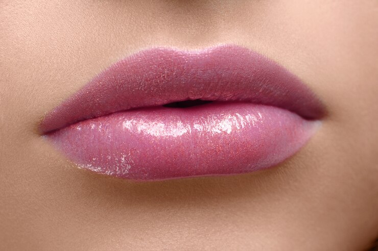 Foto cierre de labios rosados brillantes.