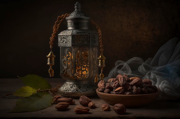 Cierre de una linterna con una vela encendida en el interior, matices islámicos de Ramadan Kareem