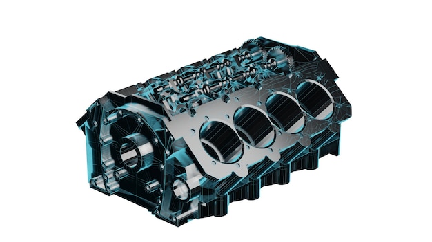 Cierre una representación 3D detallada y completamente texturizada sobre fondo blanco de un bloque de motor de automóvil de alta tecnología ensamblado con carcasas de cilindros de acero, pistones, cigüeñal y piezas de ingeniería de grado industrial