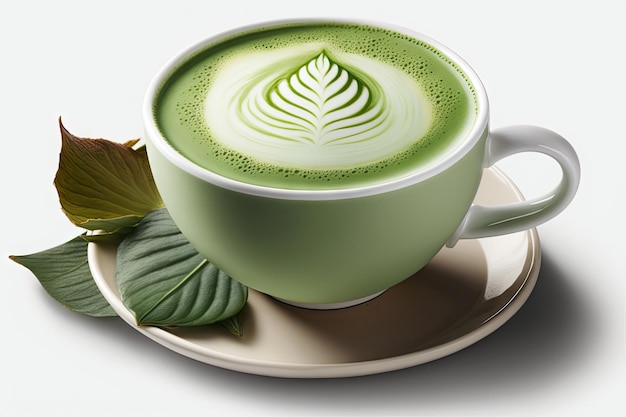 Cierre una taza de té verde con leche matcha en una taza blanca con arte de café con leche en polvo caliente con IA generativa