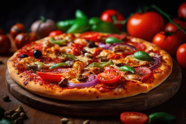 Cierre vertical de una pizza con verduras en una mesa de madera