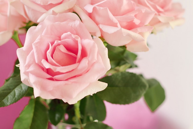 Ciérrese para arriba del ramo hermoso de rosas rosadas en el florero de cristal en la tabla en la sala de estar con el espacio de la copia.