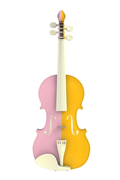 Ciérrese para arriba del violín rosado amarillo clásico aislado en el fondo blanco