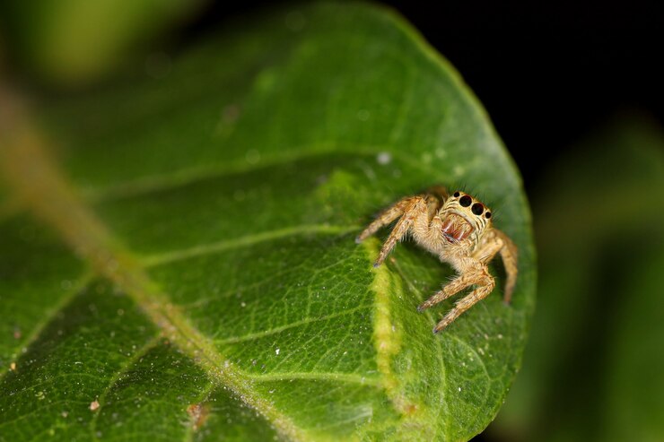 Ciérrese encima de la araña macro del salto en la hoja verde en naturaleza en Tailandia